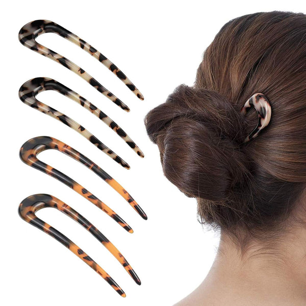 [4 Pack]  French Style Cellulose Acetate Tortoise Shell U Shaped Hair Pin Fork 2 Prong Updo Chignon Pin for Women Girls Hairstyle Accessories（Tortoiseshell and White Tortoiseshell)