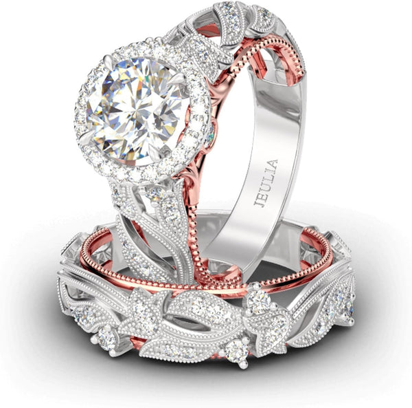 4 Carat Openwork Ring Sets for Women 925 Sterling Silver Wedding Sets Rose Gold round Cut Halo Engagement Ring White Diamond Band CZ Solitaire Anniversary Promise Rings