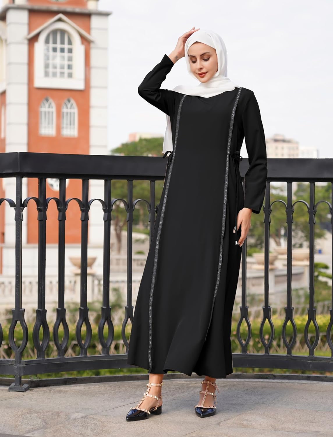 Abay for Women Shiny Self Tie Modest Muslim Dress Ramadan Eid Prayer Clothes Dubai Islamic Jalabiya Arabian Jilbab