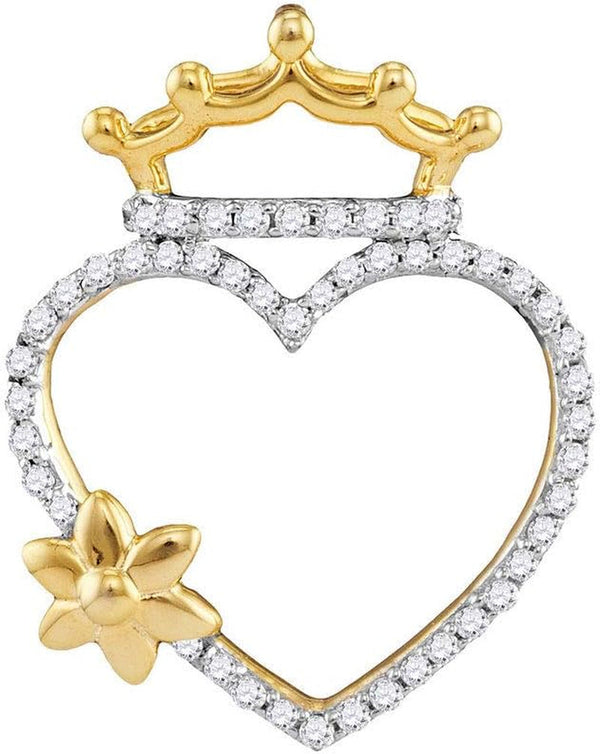 10Kt Yellow Gold Womens round Diamond Heart Crown Flower Pendant 1/4 Cttw