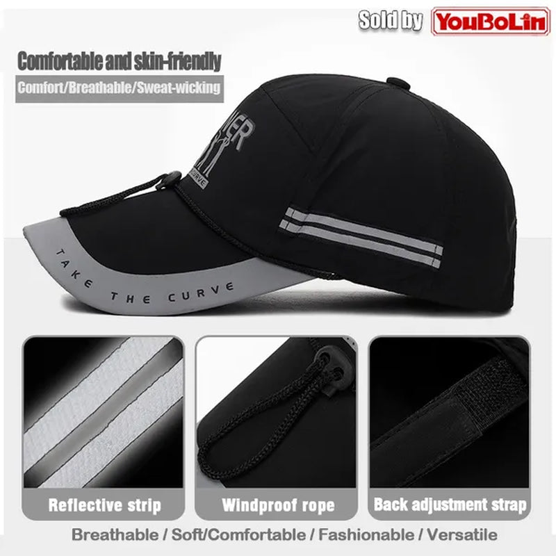 Extended Brim, quick drying fabric,  Reflective Strip and Windproof Rope, Outdoor Sport Baseball Cap. New Fashion Casual  UV Proof Snapback Hats suitable for Mountaineering and Fishing in Summer