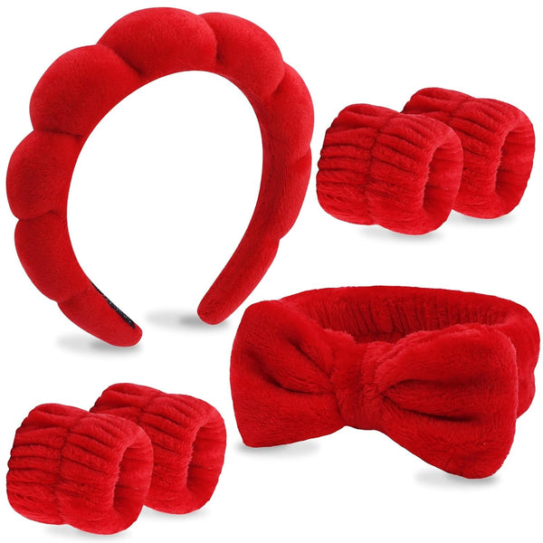 6 Pack Hairband, Makeup Headband, Face Wash Headband, Skincare Headbands, Red Microfiber Hair Band with Bow Tie Spa Headband for Washing Face Wristband Set Hair Accessories for Women