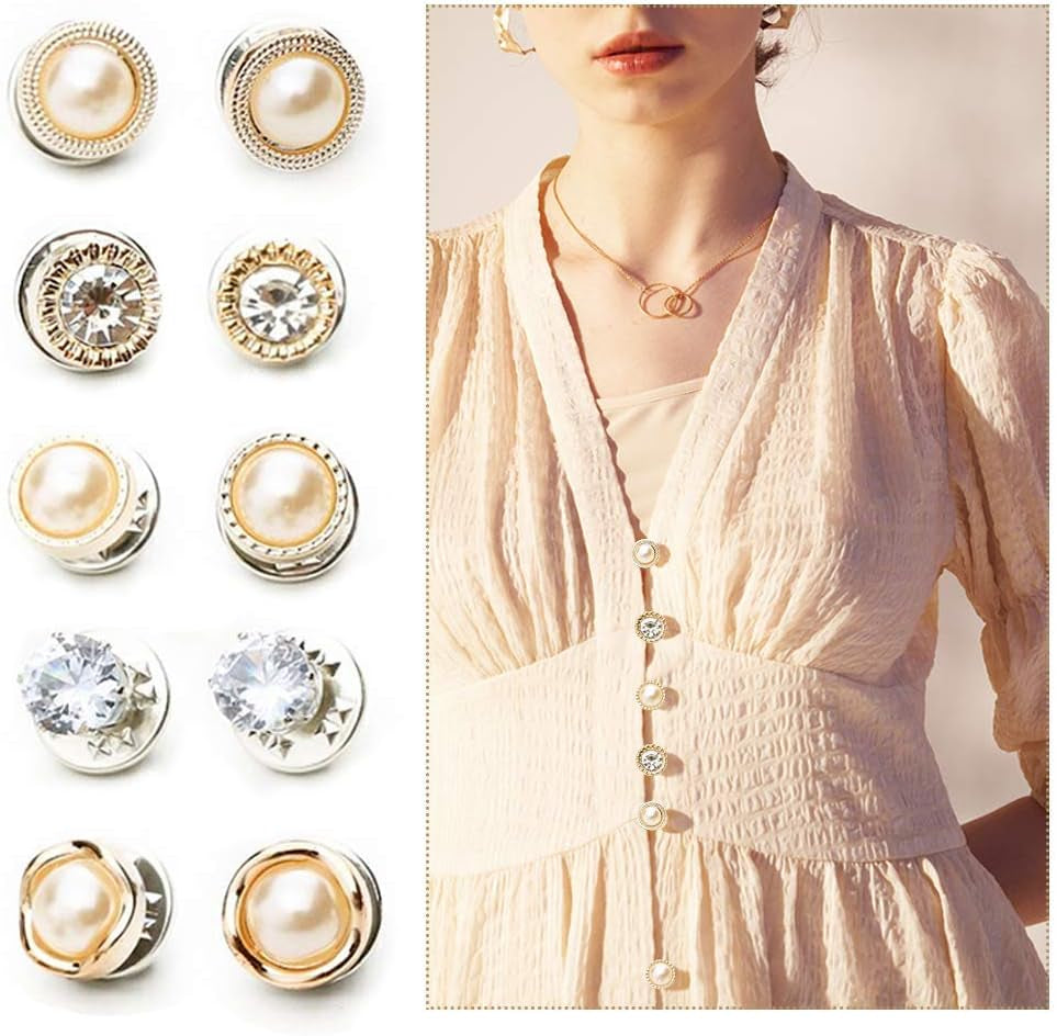 10-Pack Women Shirt Brooch Lapel Pins Safety Buckle Knitwear Sweater Decorate Pearl Buttons Metal Tie Tacks Pin Back Clutch B