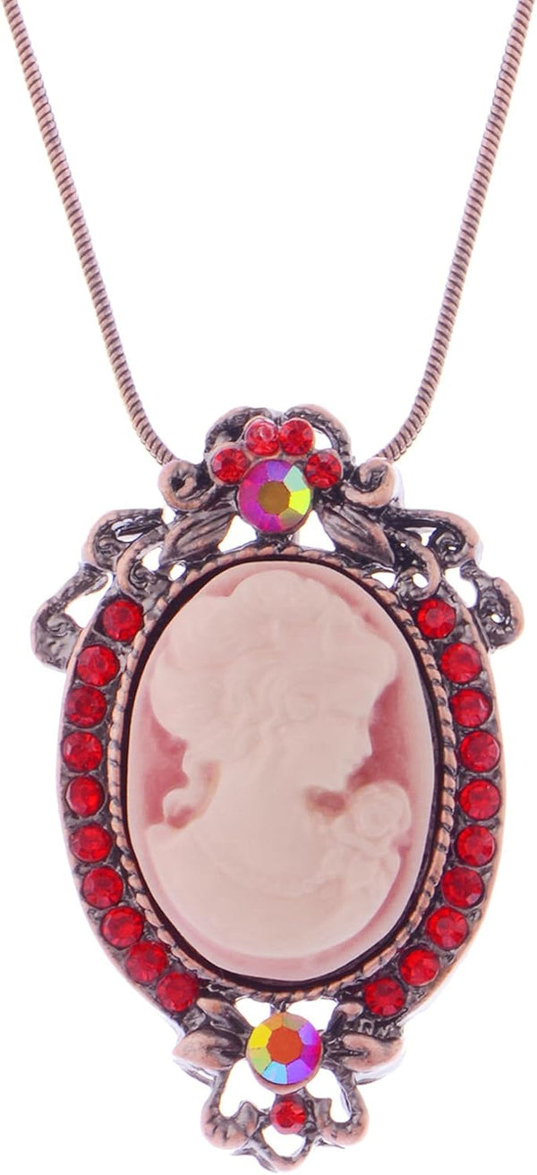 Vintage Inspired Rhinestones Cameo Lady Victorian Maiden Pendant Necklace