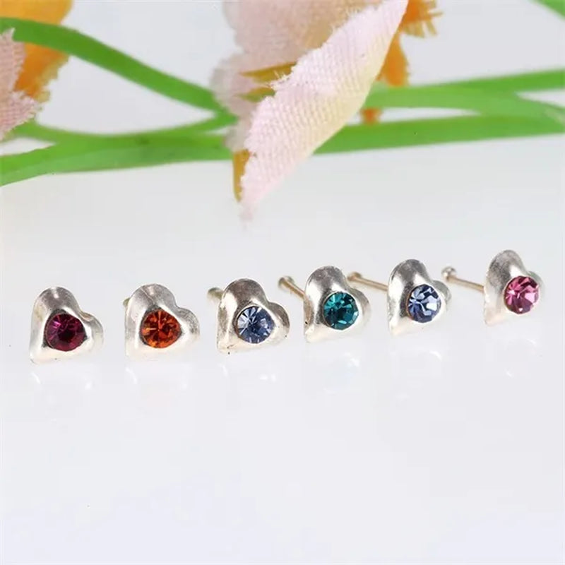 Sterling Silver Clear Crystal Heart Shape Bone Stud Pin Hoop Piercing Nose Ring Earrings
