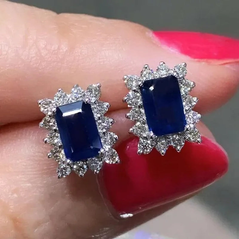 Trendy Square Cut Blue Sapphire Lab Diamond Stud Earrings for Women Bridal Wedding Party Earring Jewelry