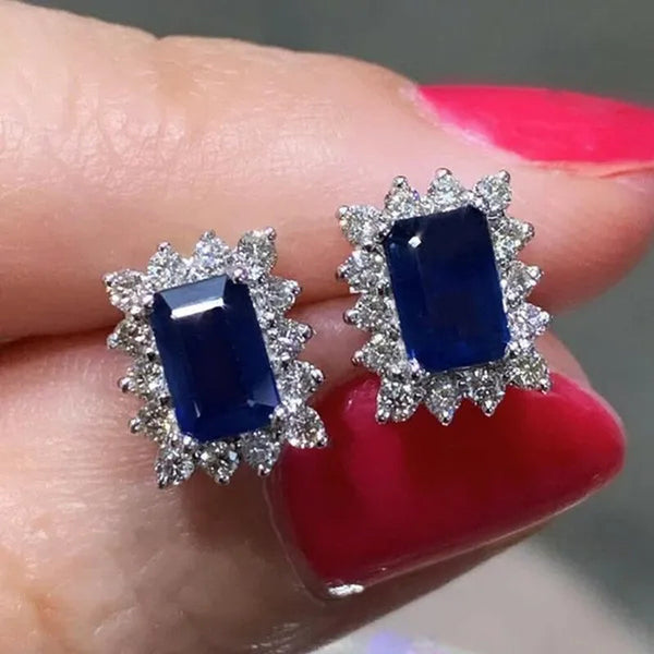 Trendy Square Cut Blue Sapphire Lab Diamond Stud Earrings for Women Bridal Wedding Party Earring Jewelry