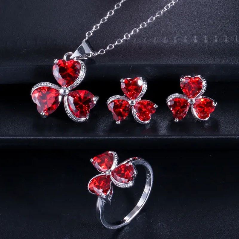 CANDICE Sterling Silver Plated Heart Shape Jewelry Set Pave Austrian Purple Pink Champagne Crystal Drop Dangle Necklace Earrings Ring Sets for Women Girls