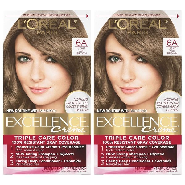 Excellence Creme Permanent Hair Color, 6A Light Ash Brown, 100 Percent Gray Coverage Hair Dye, Pack of 2