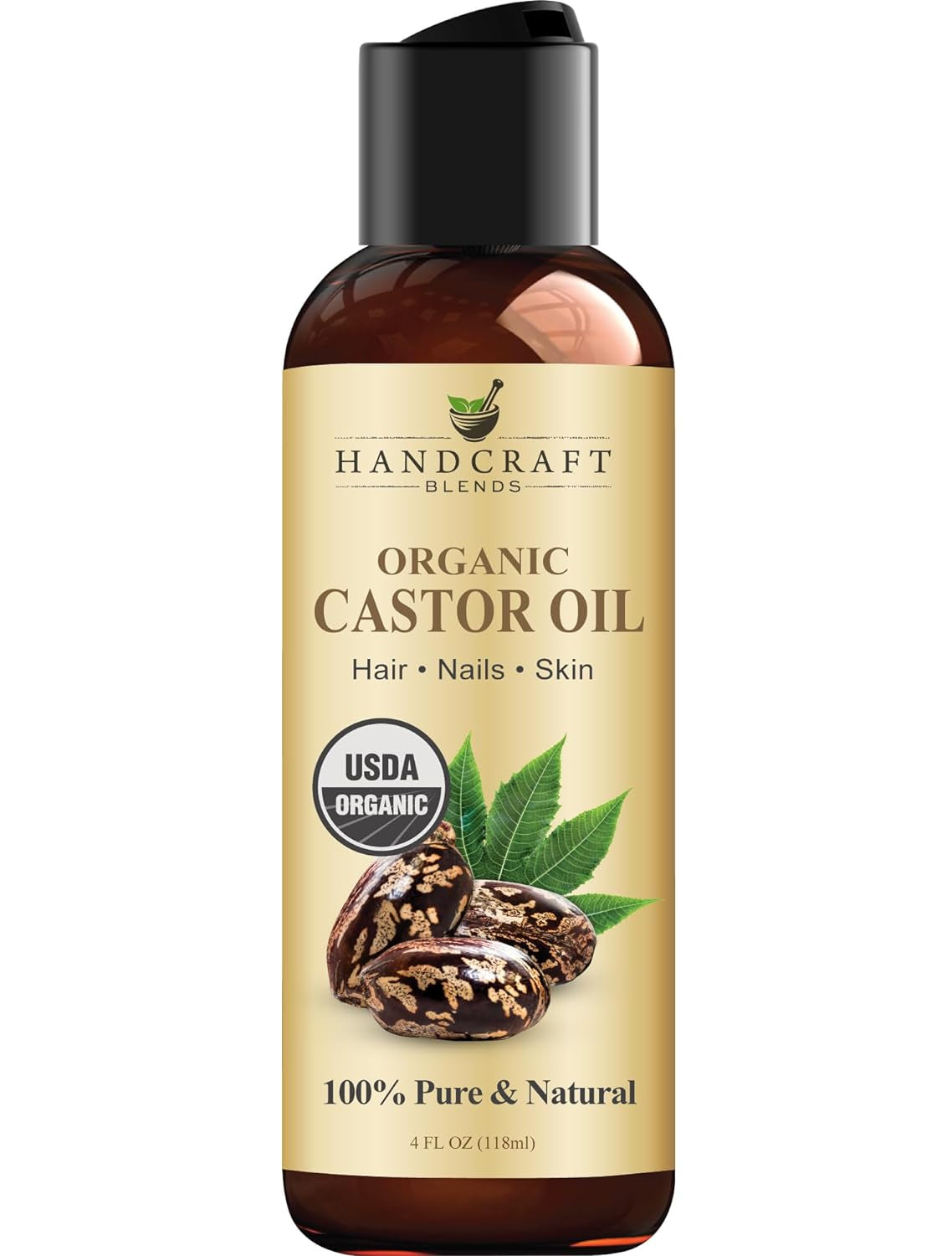 Organic Castor Oil - 4 Fl Oz - 100% Pure and Natural - Premium Grade Carrier Oil for Hair Growth, Eyelashes and Eyebrows - Hair and Body - Expeller-Pressed & Hexane-Free