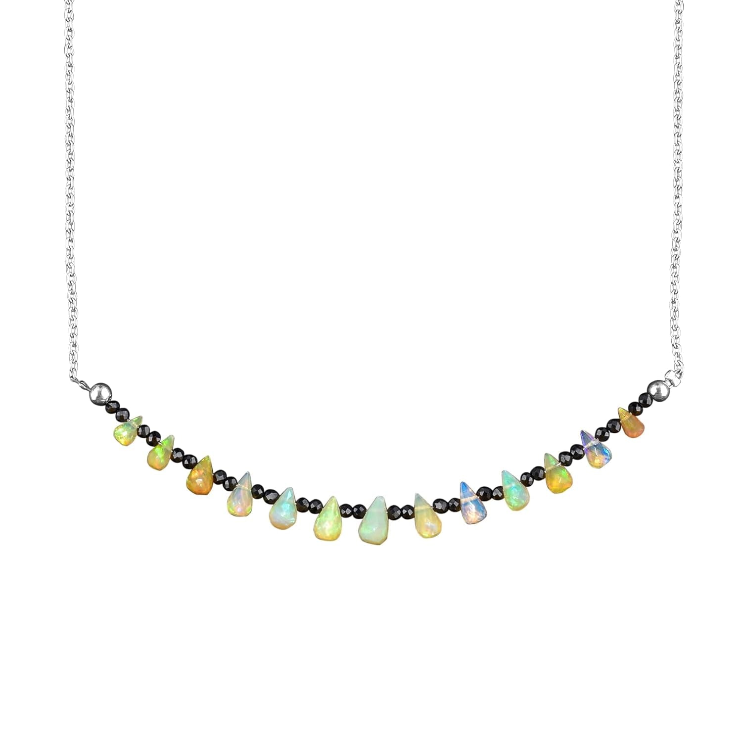 Fire Opal & Black Spinel Necklace for Women Birthstone Natural Gemstone Beads Dainty Designer Jewelry Chakra Energy Healing Crystals 925 Sterling Silver Chain 18 Inch