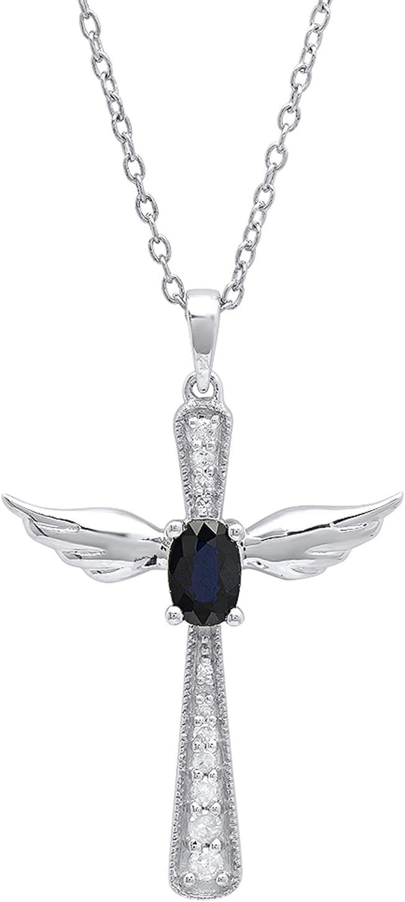 6X4 MM Oval Gemstone & round Diamond Angel Cross Pendant (Silver Chain Included), Sterling Silver