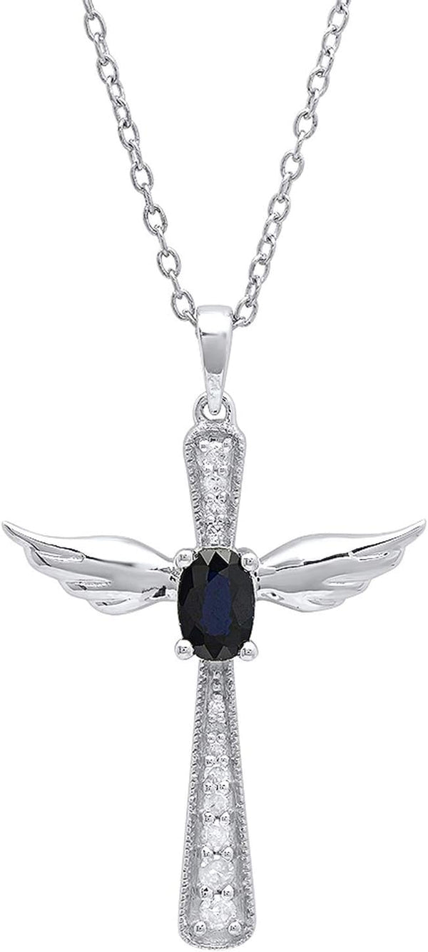 6X4 MM Oval Gemstone & round Diamond Angel Cross Pendant (Silver Chain Included), Sterling Silver