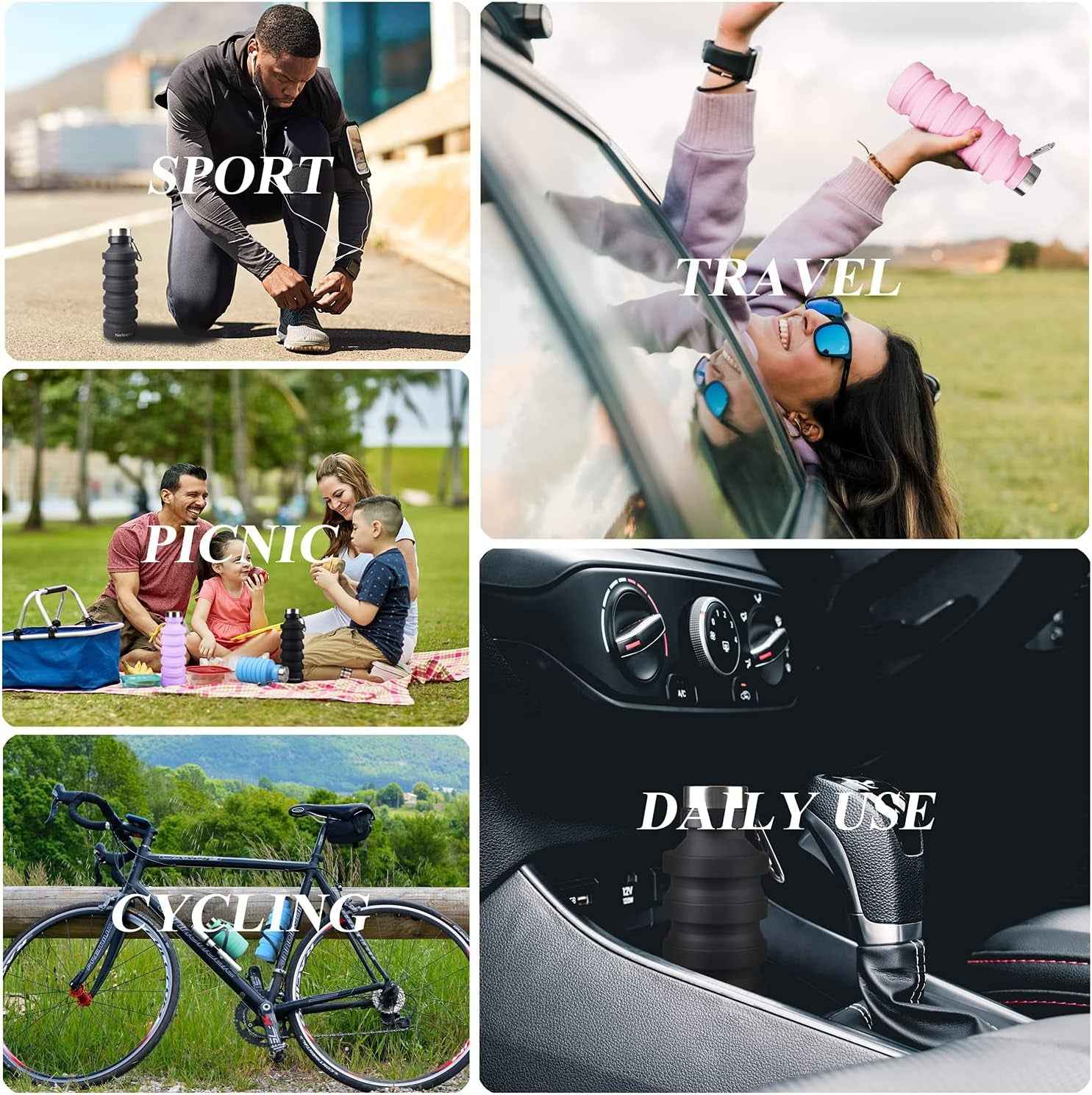 Collapsible Water Bottle, Reuseable BPA Free Silicone Foldable Water Bottles for Travel Gym Camping Hiking, Portable Leak Proof Sports Water Bottle with Carabiner