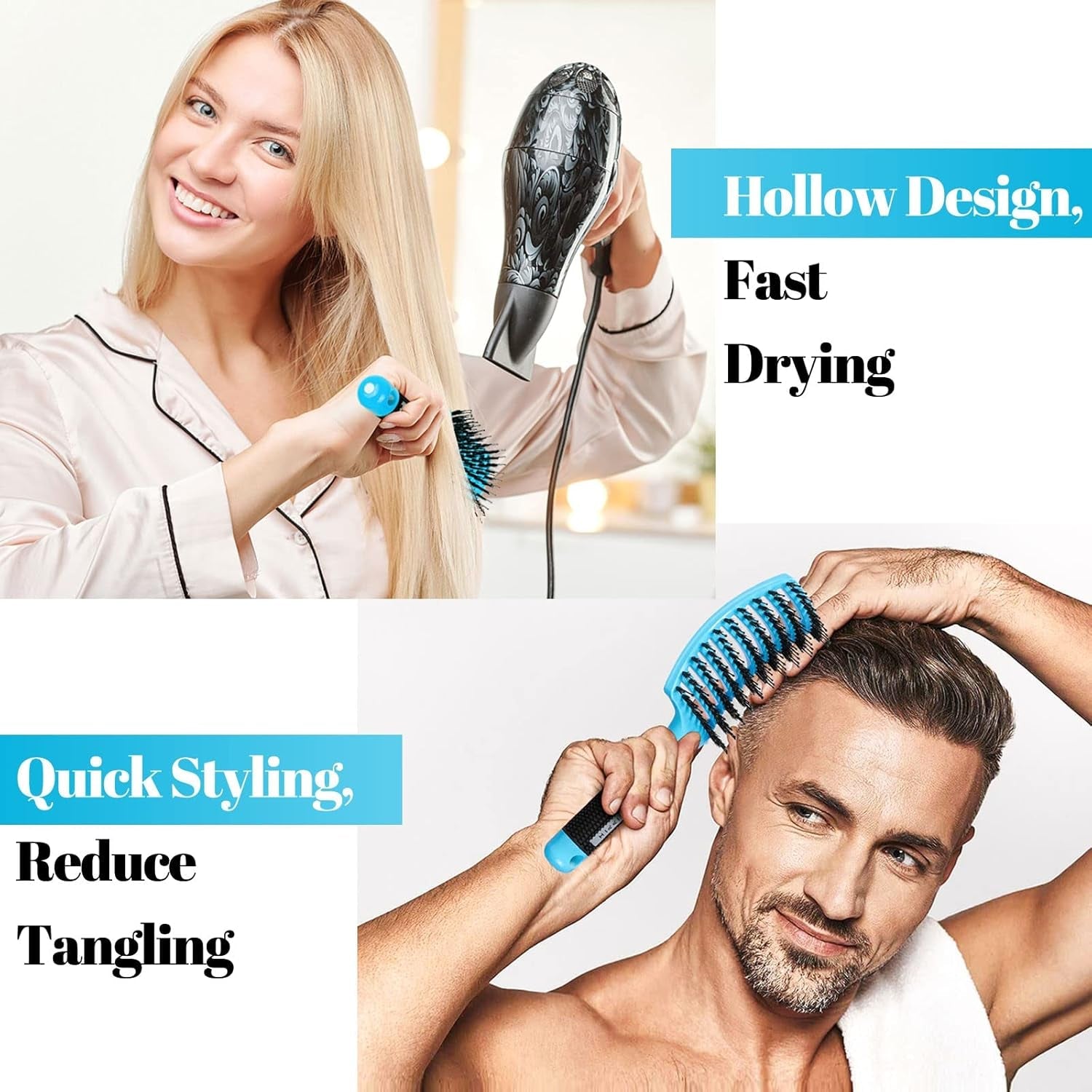 Boar Bristle Hair Brush 2 Pack,  Wet & Dry No Pull Curved Vented Hair Brush, Styling Voremy Magical Brush Detangler for Kids & Men, Hairbrush for Women Can Adds Shine & Smooth Curly Thick Hair