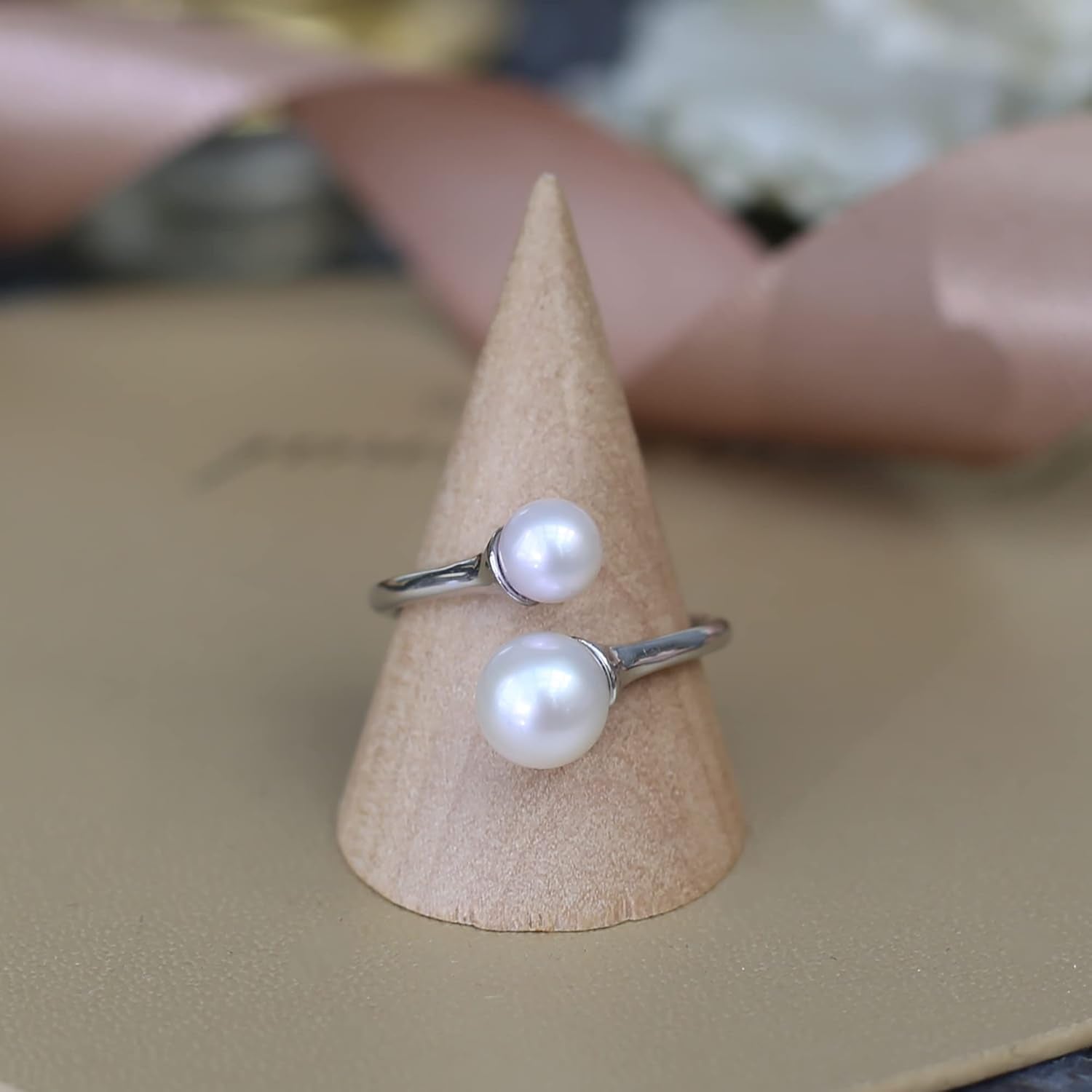 2 Pearl Ring Sterling Silver Double Pearls Rings for Women 925 Adjustable Open June Birthstone Rings for Teen Girls with Real round Genuine Freshwater Cultured Stackable