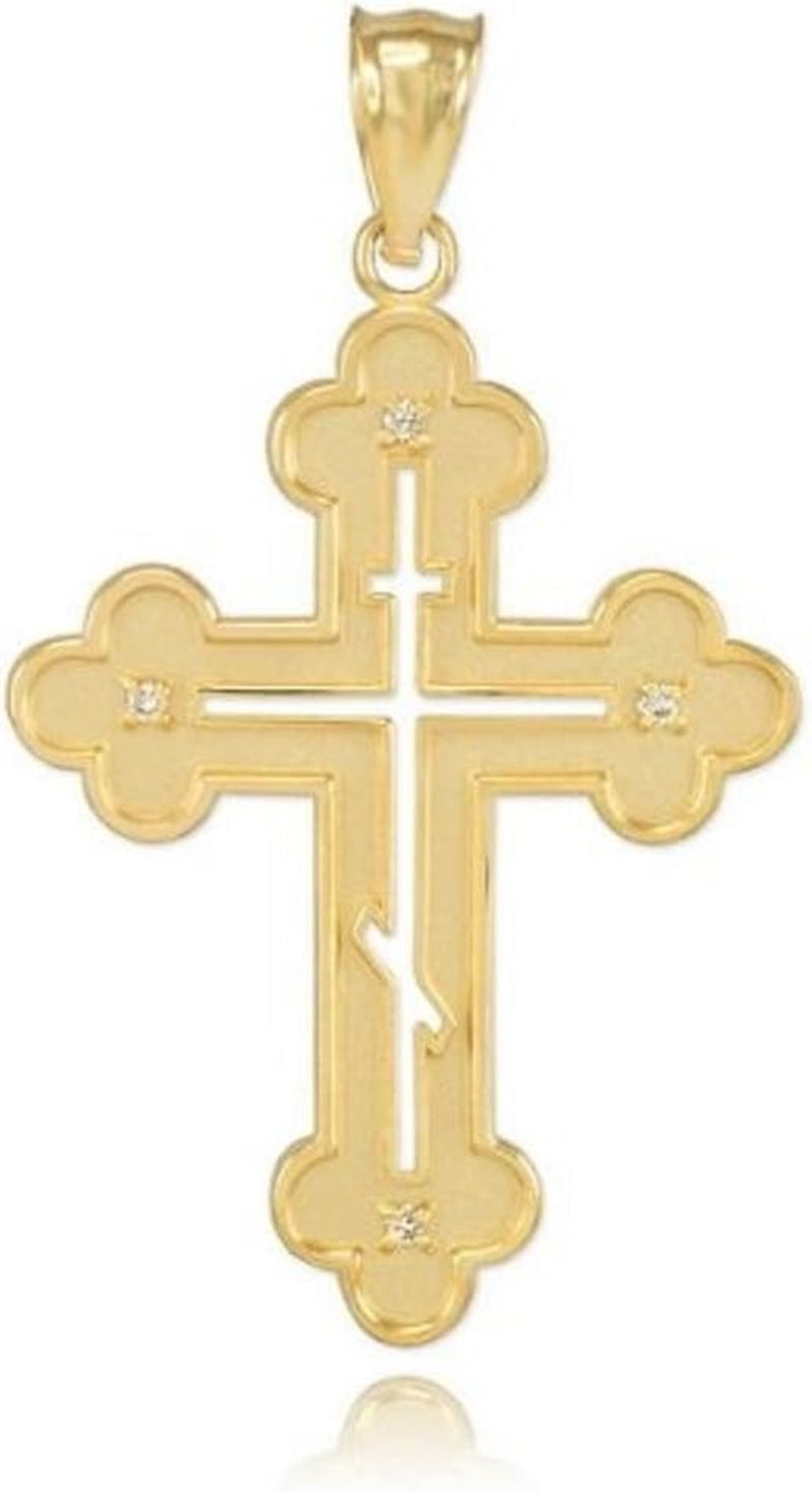 14K Yellow Gold Diamond Pendant Eastern Orthodox Cross Charm Pendant