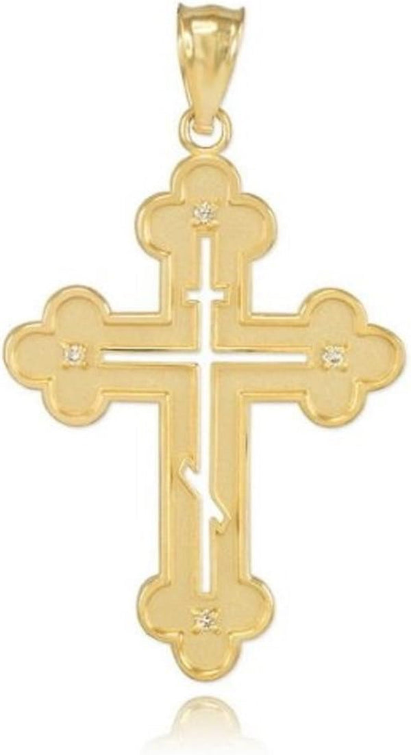 14K Yellow Gold Diamond Pendant Eastern Orthodox Cross Charm Pendant