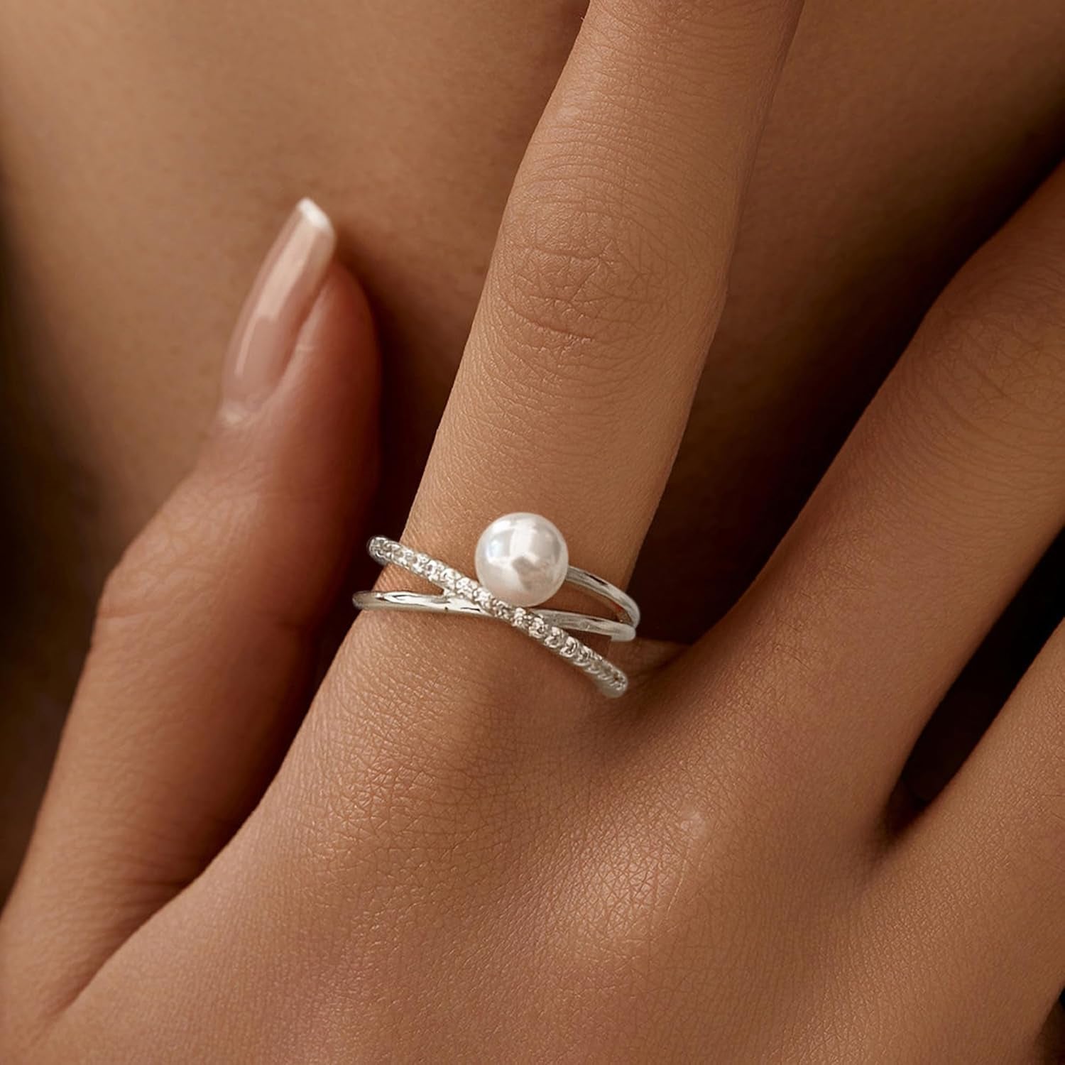 6Mm Pearl Ring for Women Dainty X Criss Cross Gold Pearl Ring Stackable 925 Sterling Silver Cubic Zirconia Open Ring Promise Rings Birthday Christmas Jewelry Gifts for Her Mom