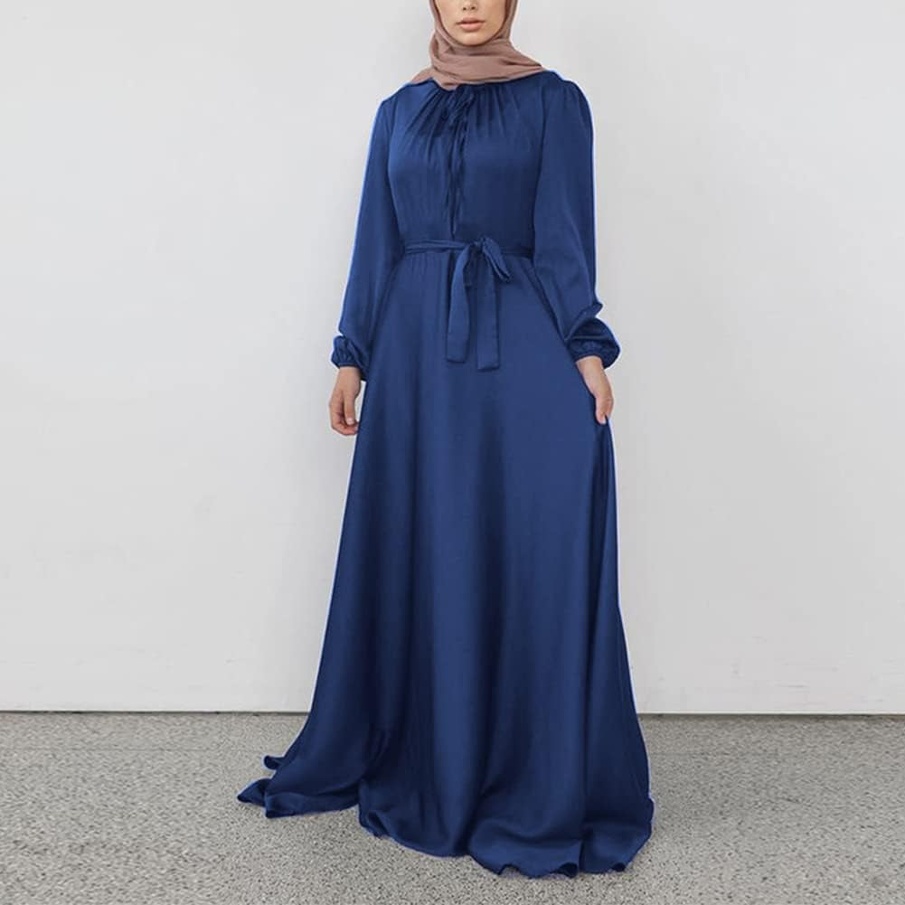 Women'S Muslim Kaftan Abaya Prayer Dress Long Sleeve Self Tie Maxi Dress Middle East Arabian Robe Gown
