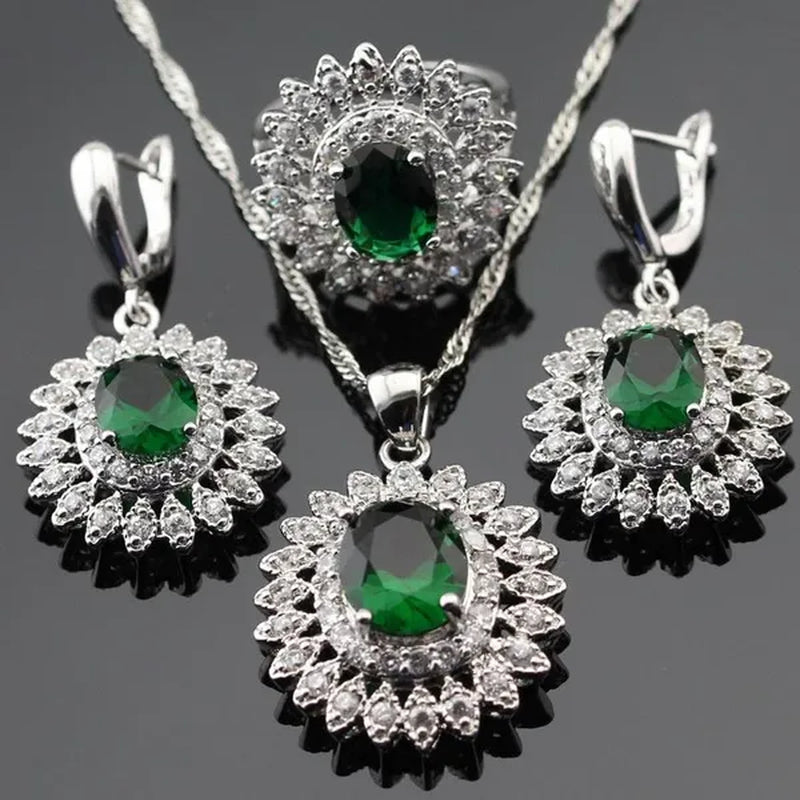 Flower Shaped 925 Silver Jewelry Sets Green Zircon Necklace Pendant Drop Earrings Ring for Women Dating Gift
