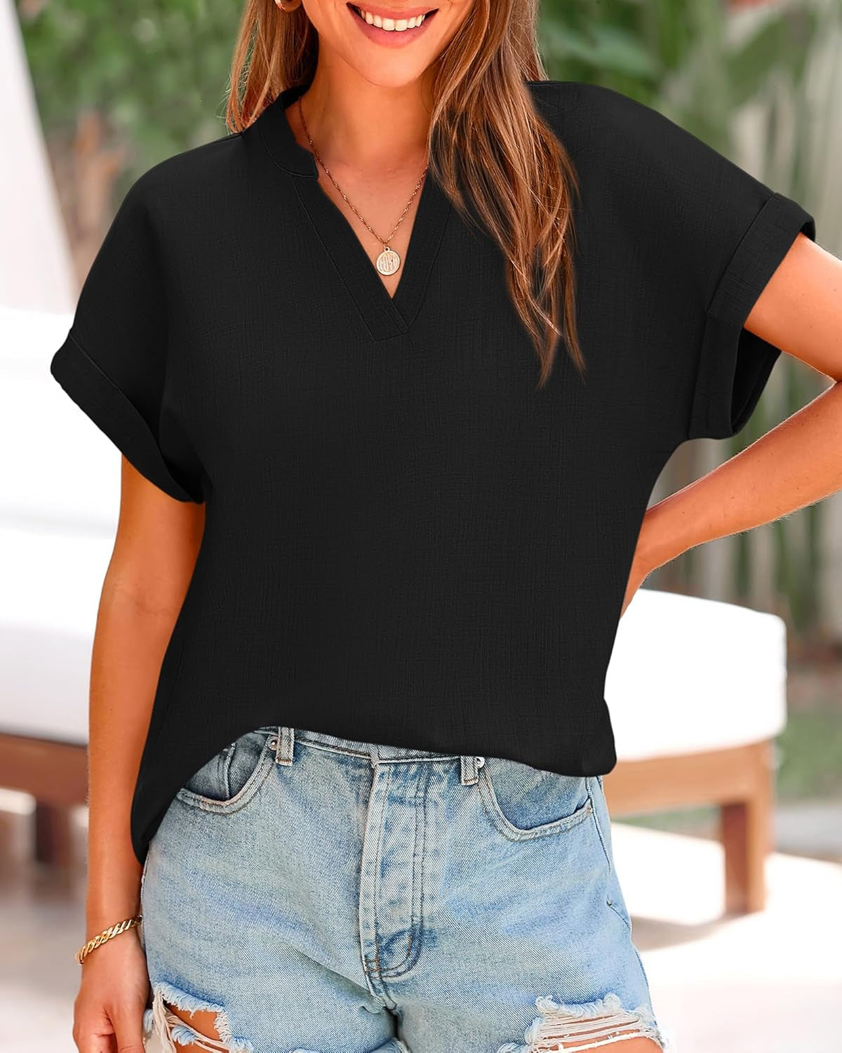 Womens Summer Tops 2025 V Neck Short Sleeve Tshirt Loose Flowy Tunics Solid Color Dressy Casual Blouse Shirts