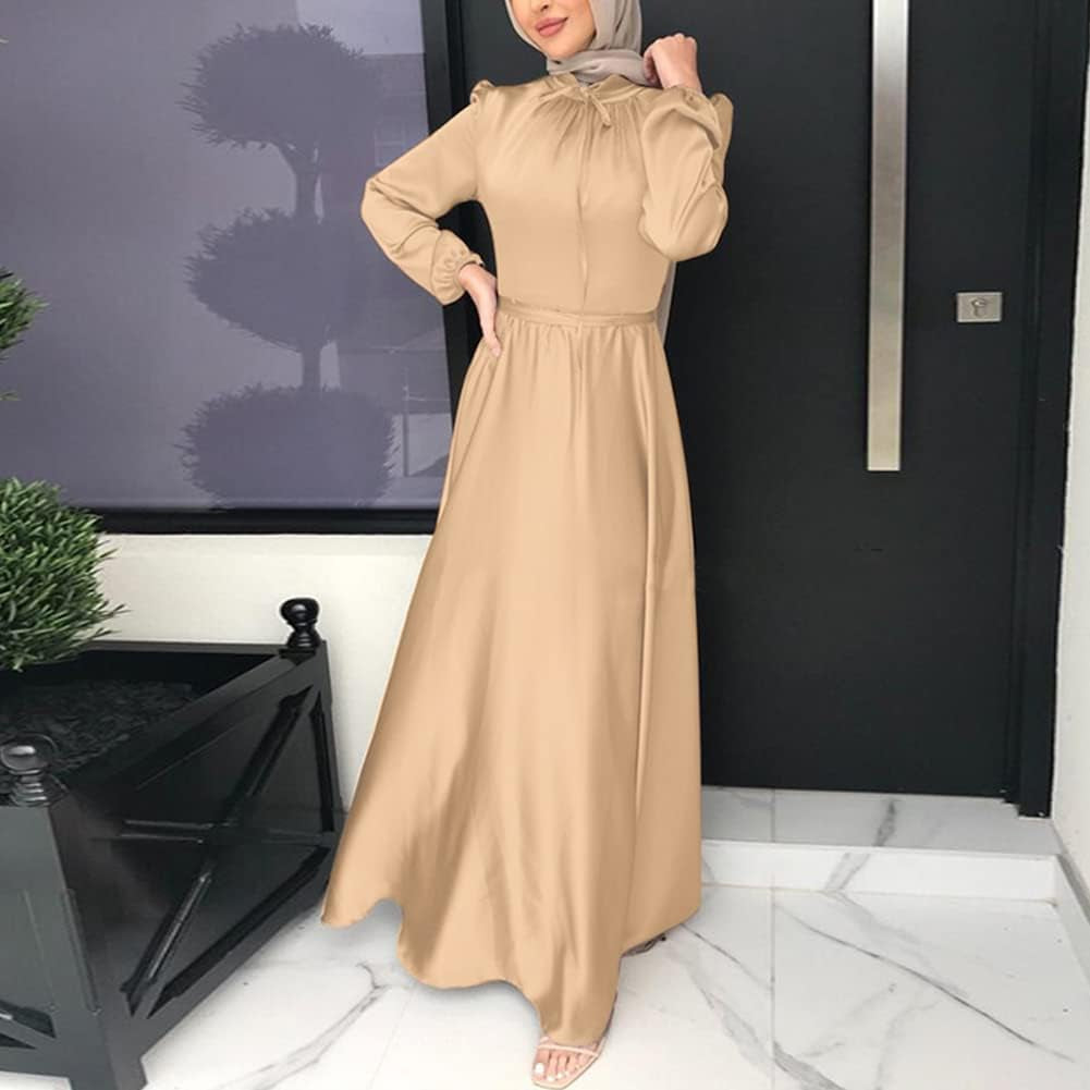 Women'S Muslim Kaftan Abaya Prayer Dress Long Sleeve Self Tie Maxi Dress Middle East Arabian Robe Gown