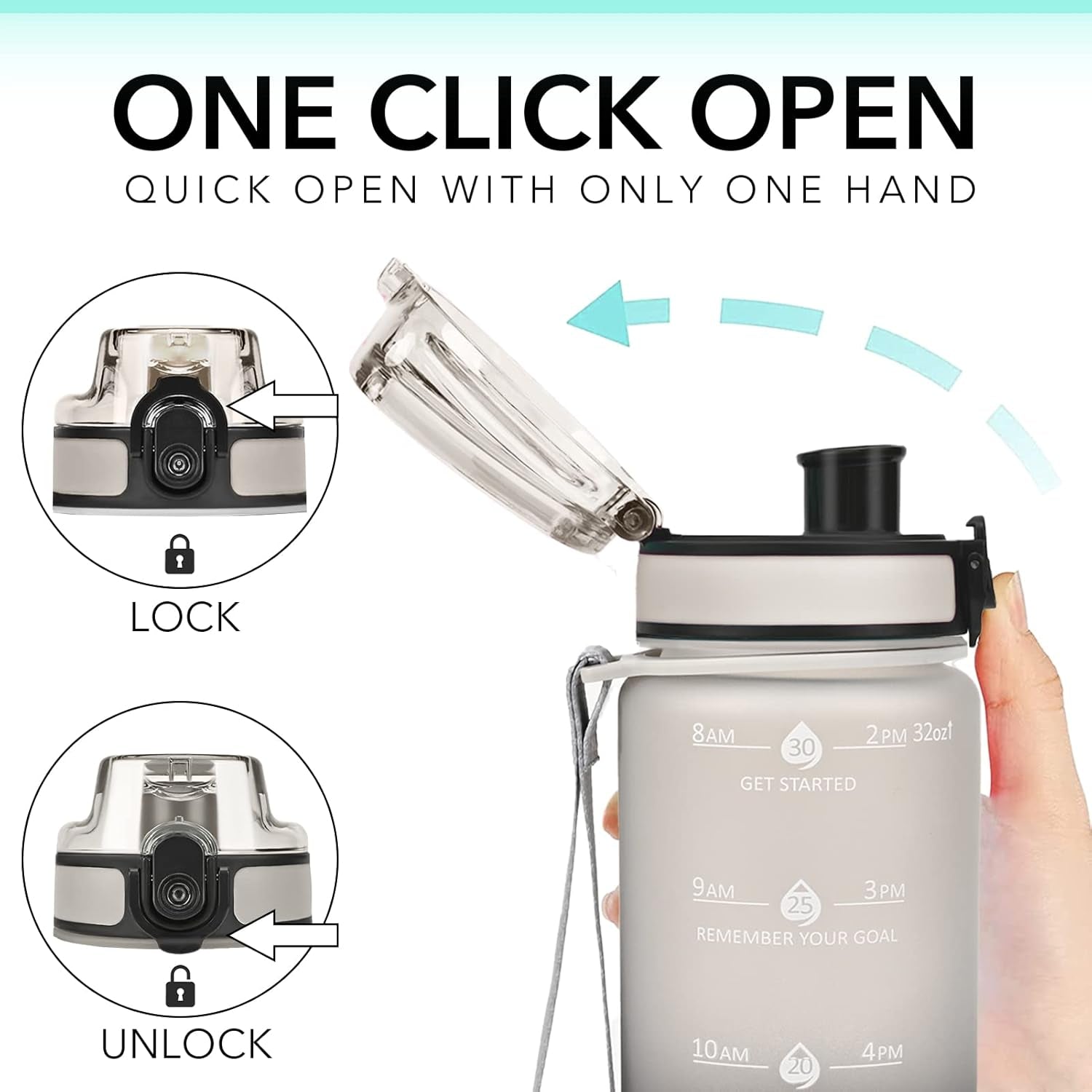 32Oz Motivational Water Bottles with Time Marker and Fruit Strainer, Sports Water Bottle with Times to Drink, Leakproof, Reusable Plastic Bottle with Strap No Straw for Gym, School