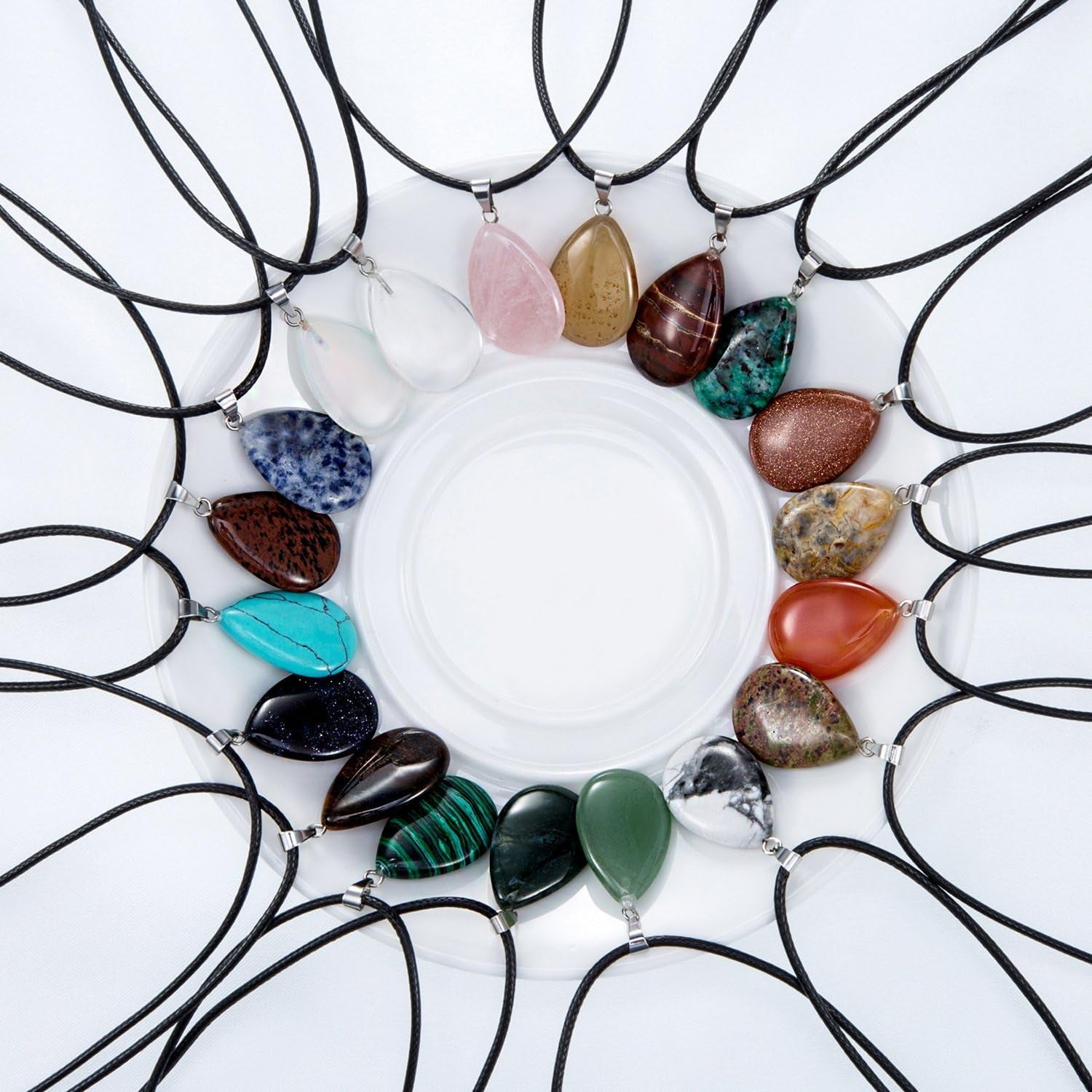 20 Pieces Stone Pendants Water Drop Shape Beads Crystal Quartz Stone Charm with 18 Inch Imitation Leather Cord Chain for Necklace Jewelry Making
