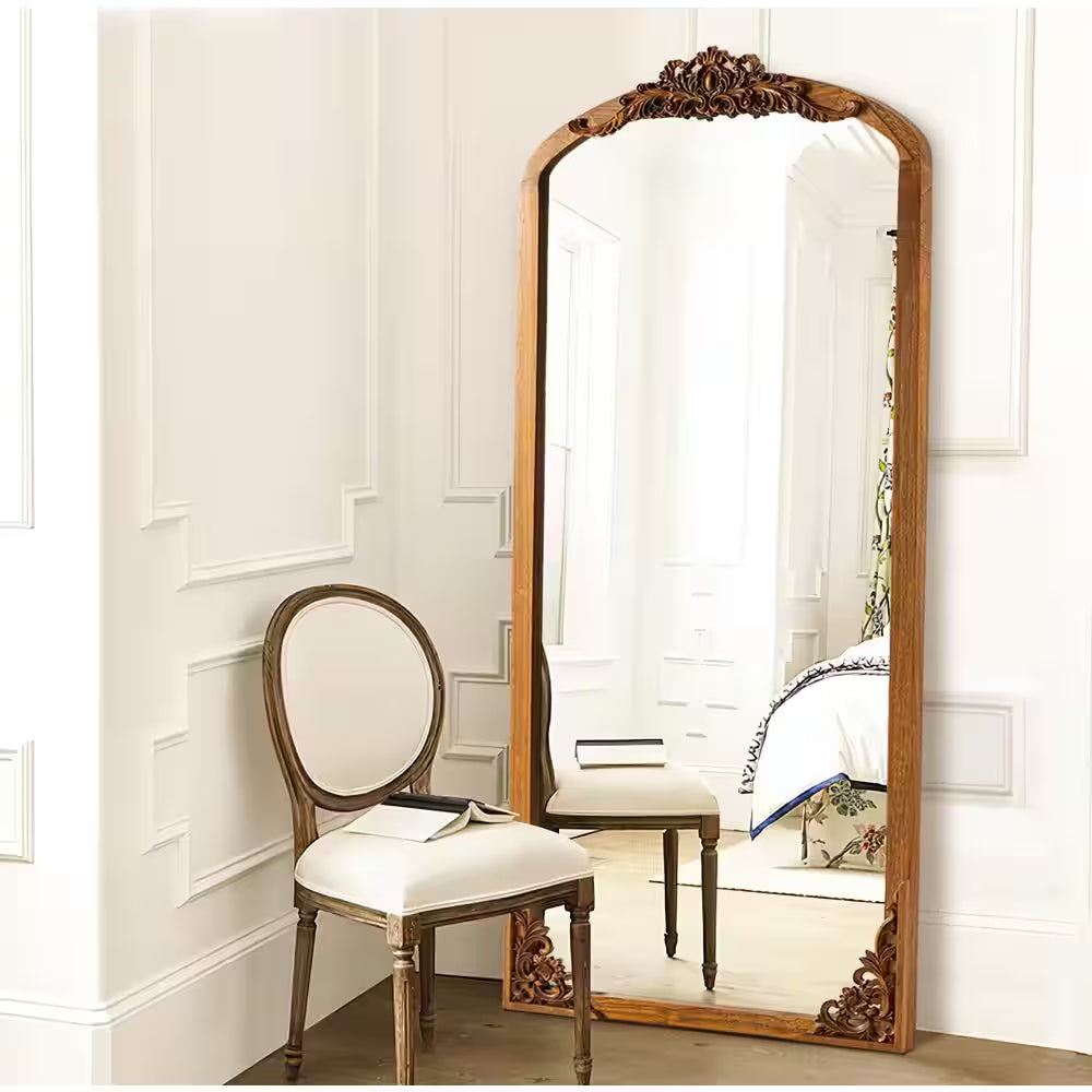 30 In. W X 69 In. H Rustic Arched Solid Wood Framed DIY Carved Full Length Mirror