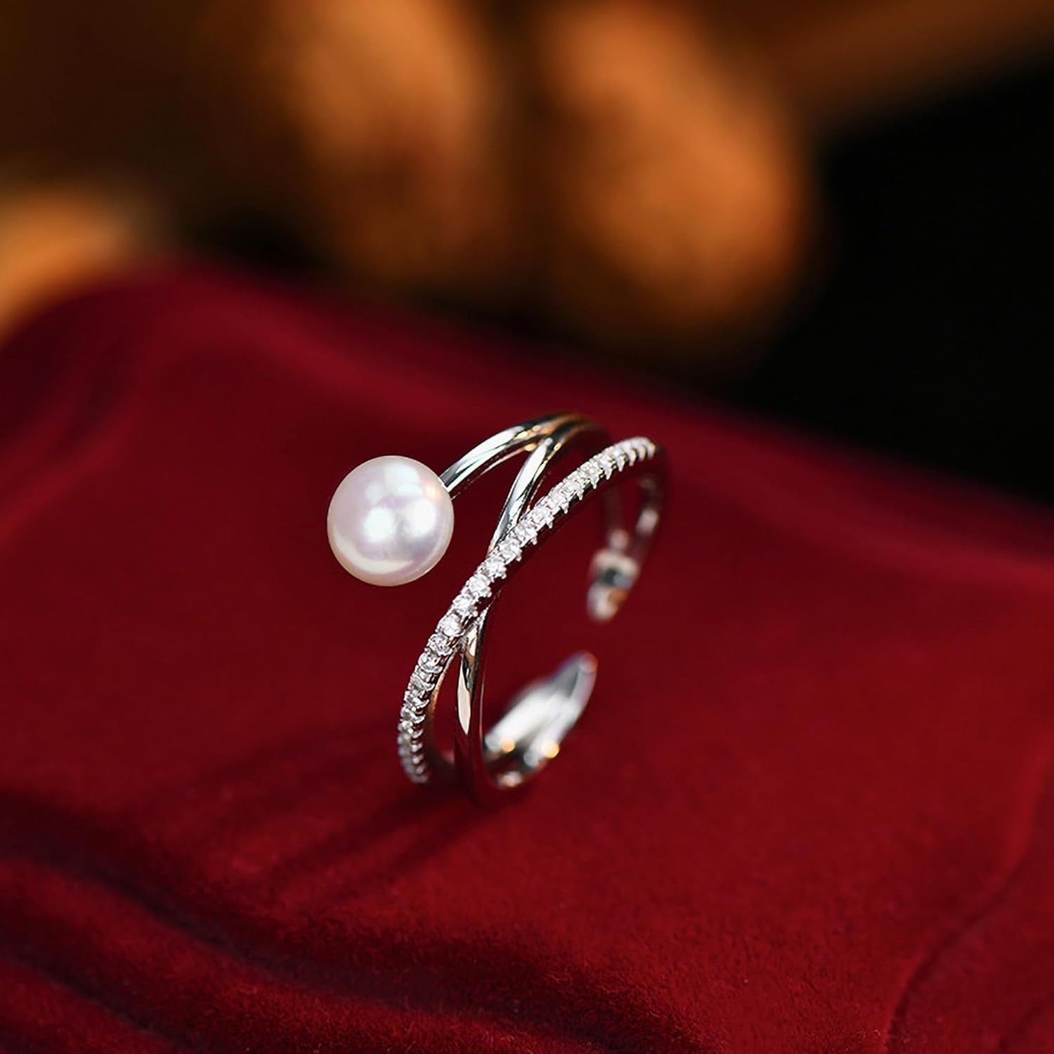 6Mm Pearl Ring for Women Dainty X Criss Cross Gold Pearl Ring Stackable 925 Sterling Silver Cubic Zirconia Open Ring Promise Rings Birthday Christmas Jewelry Gifts for Her Mom
