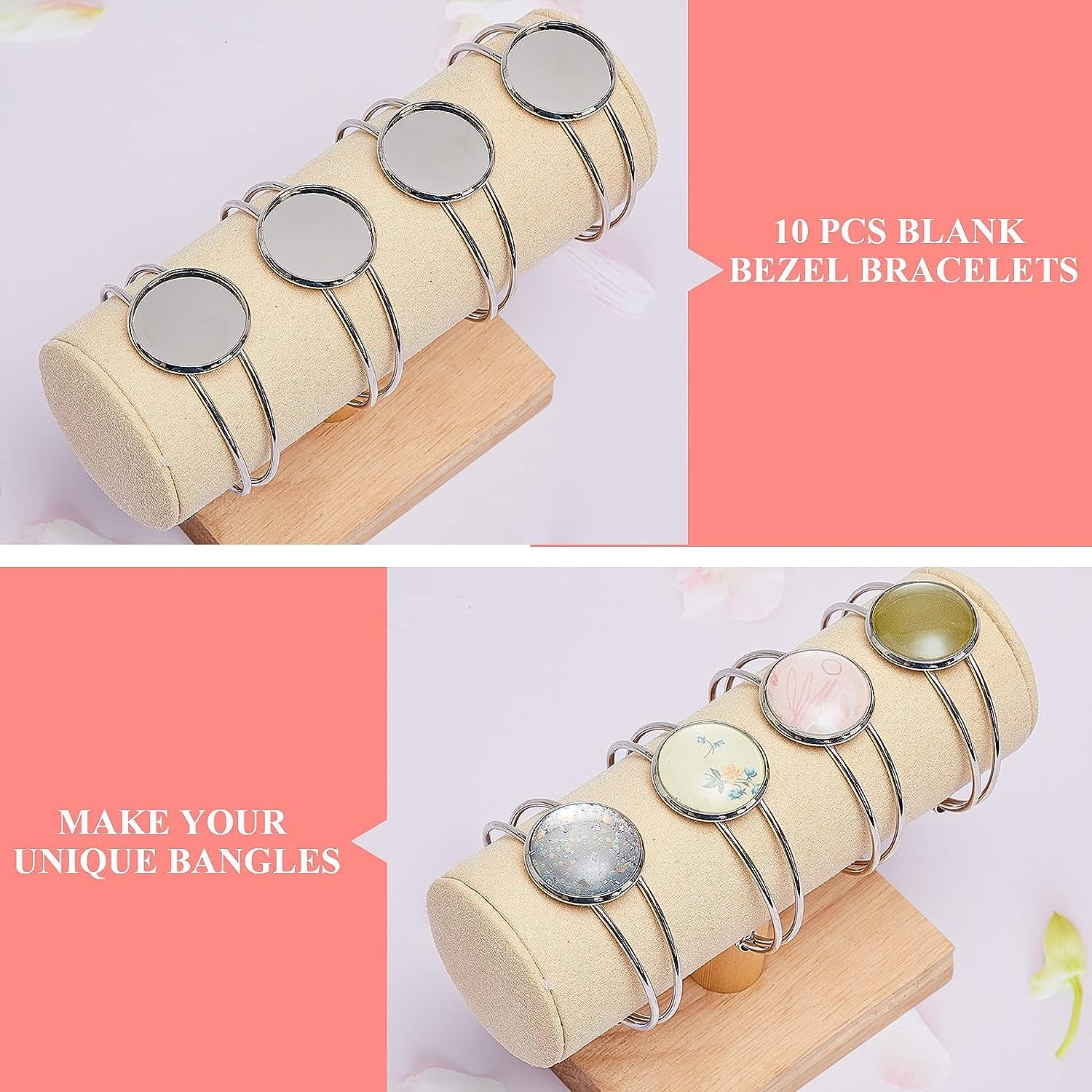 Jewelry Making Kit, 10Pcs 25Mm Bezel Tray Blank Bangle Bracelet, Adjustable round Bracelet for DIY Handmade, Men and Women (Silver)
