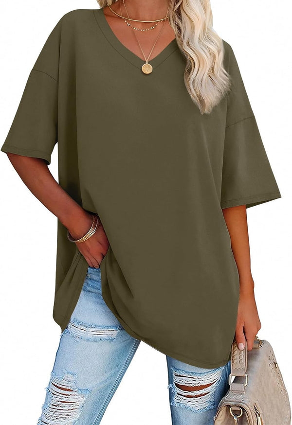Womens Summer Oversized Shirts V Neck Business Casual Workout Tops Beach Vacation 2025 Gym Clothes