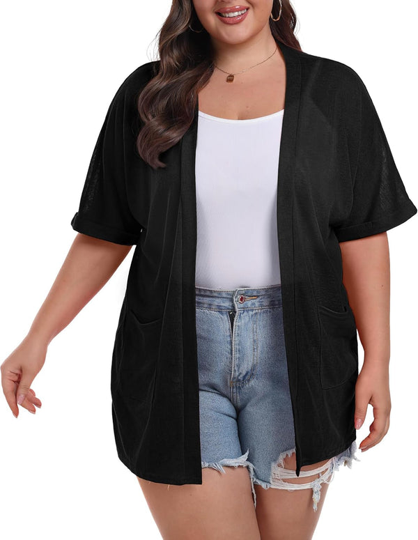 plus Size Lightweight Cardigan for Women Summer Sheer Short Sleeve Cardigan with Pockets Beach Cover Up