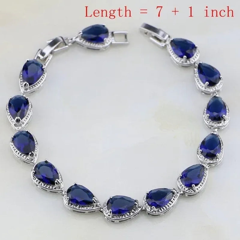 Trendy Water Drop Blue Sapphire White Topaz 925 Sterling Silver Jewelry Sets Women Wedding Earrings/Pendant/Necklace/Bracelet