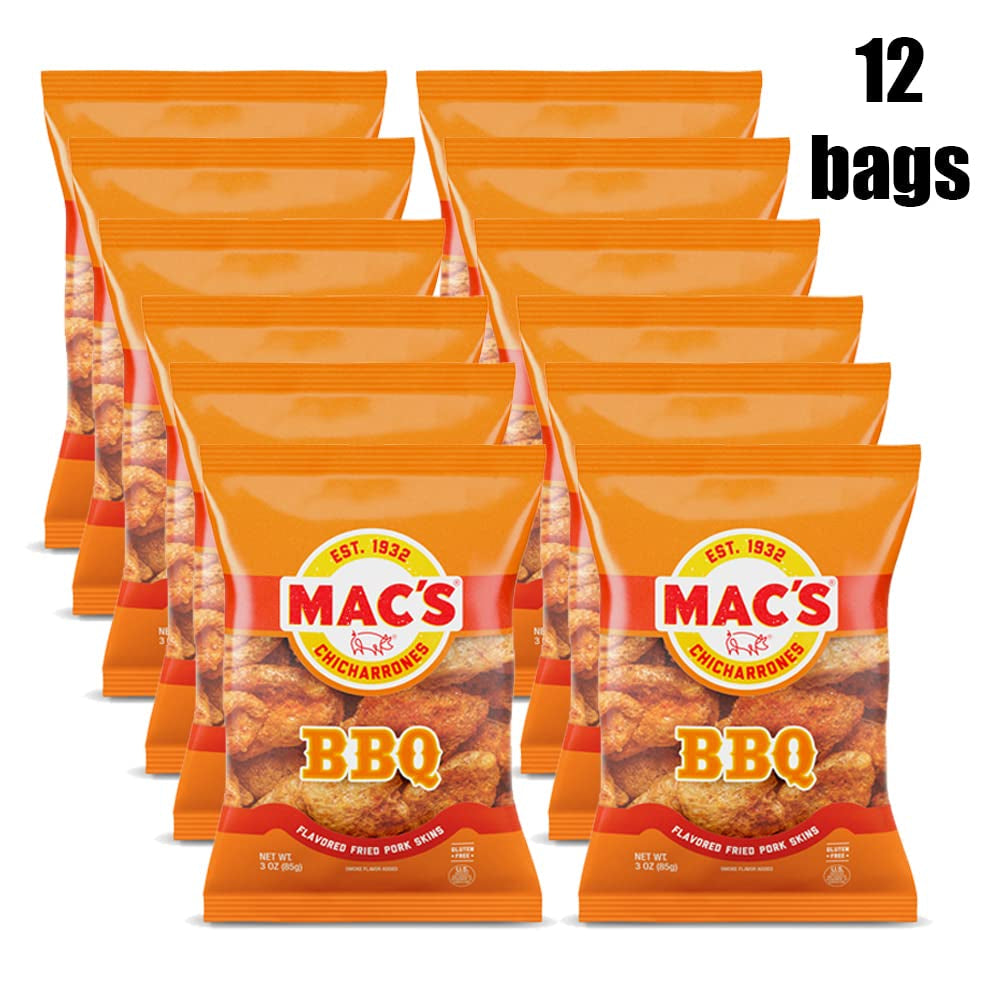 Pork Rinds, Fried Pork Skins, Chicharrones, BBQ - Barbecue (3 Ounce Bags (Pack of 12))