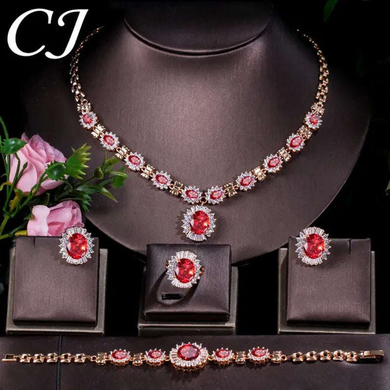 CANDICE Dubai Wedding 4 Pieces Set Elegant Red Zirconia Paved Yellow Gold Plated Engagement Party Ring Earrings Bracelet Necklace Sets for Women