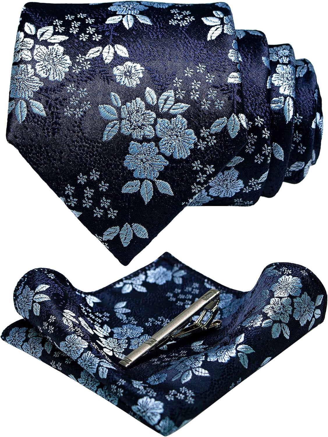 Floral Necktie and Pocket Square Tie Clip Sets for Men
