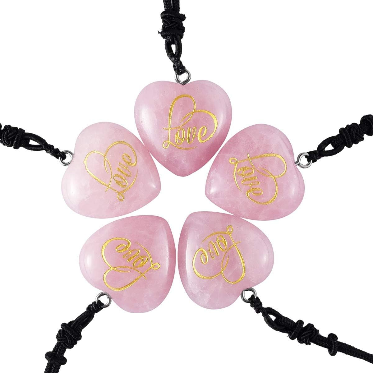 Carved LOVE Heart Stone Pendant Necklace for Women Men, Healing Crystal Point Necklaces for Unisex, Adjustable 18"-26" Strand, Pack of 2