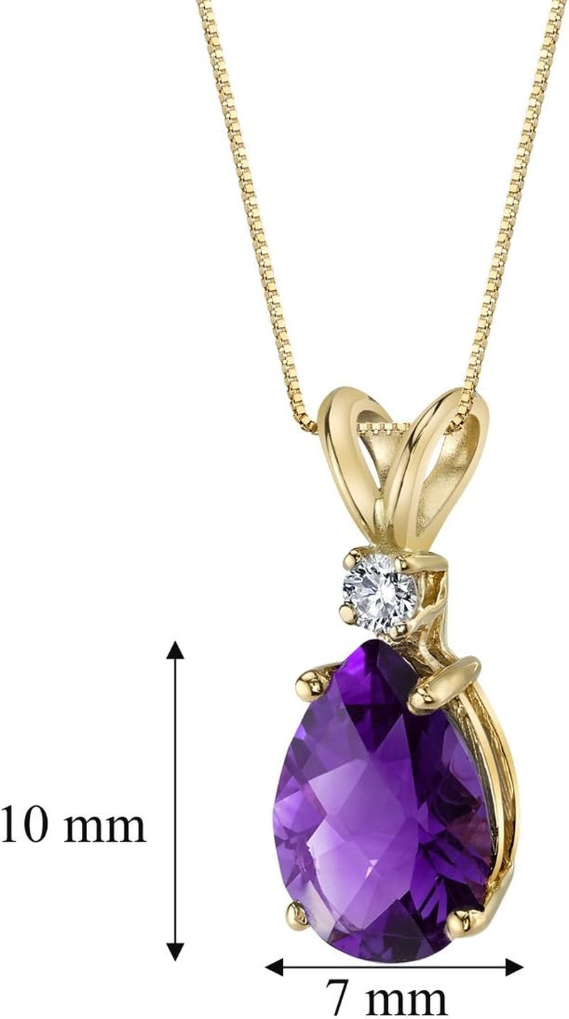 Solid 14K Yellow Gold Amethyst with Diamond Pendant for Women, Genuine Gemstone Teardrop Solitaire, 1.60 Carats Total, Pear Shape, 10X7Mm, Real Amethyst Necklace, February Birthstone Necklace