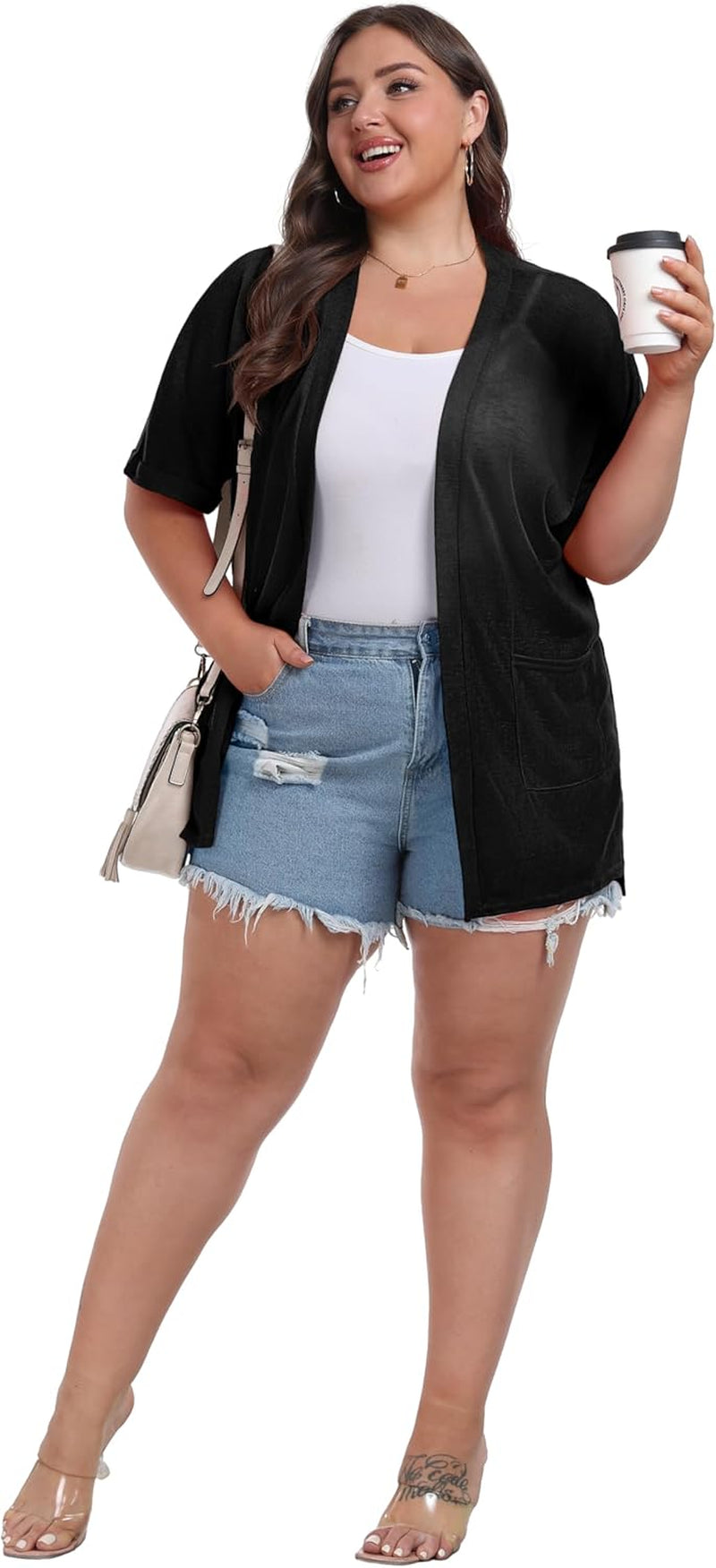 plus Size Lightweight Cardigan for Women Summer Sheer Short Sleeve Cardigan with Pockets Beach Cover Up