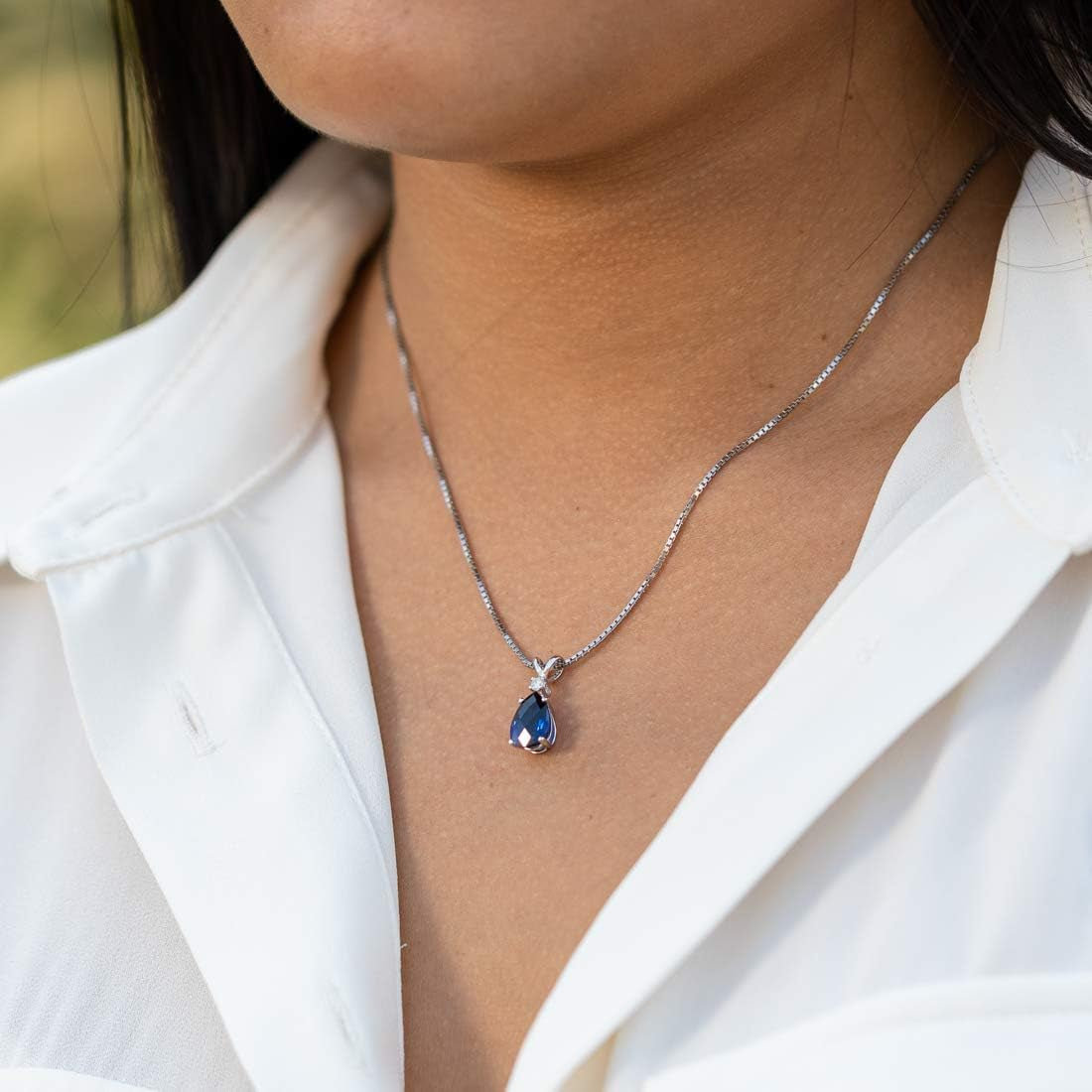 Solid 14K White Gold Created Blue Sapphire with Genuine Diamond Pendant for Women, Elegant Teardrop Solitaire, 2.45 Carats Pear Shape 10X7Mm, Sparkling Blue Sapphire Jewelry, W/Jewelry Box