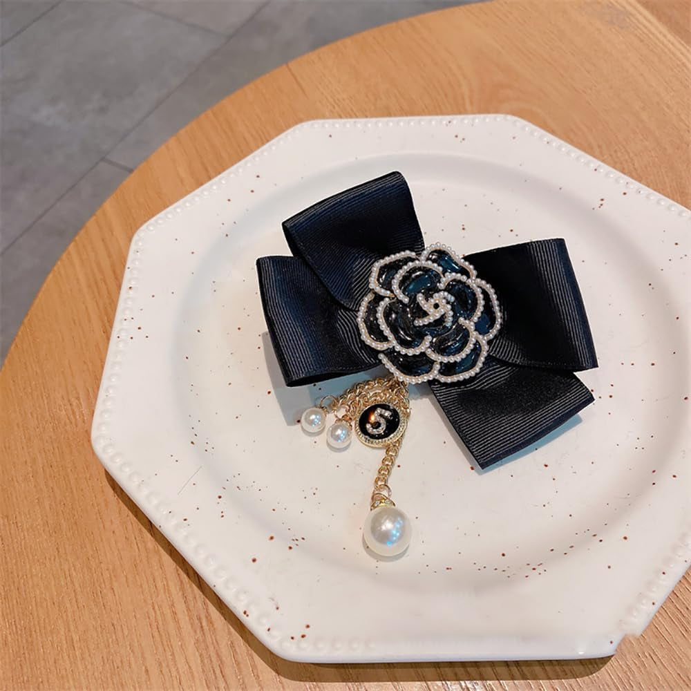 Camellia Flower Pre-Tied Big Bow Tassel Brooch Pin for Women Girls CZ Faux Pearl Lucky Number Five Chain Dangle Charm Fabric Pins Clip Lapel Bouquet Corsage Brooches Elegant Jewelry for Dress Suit