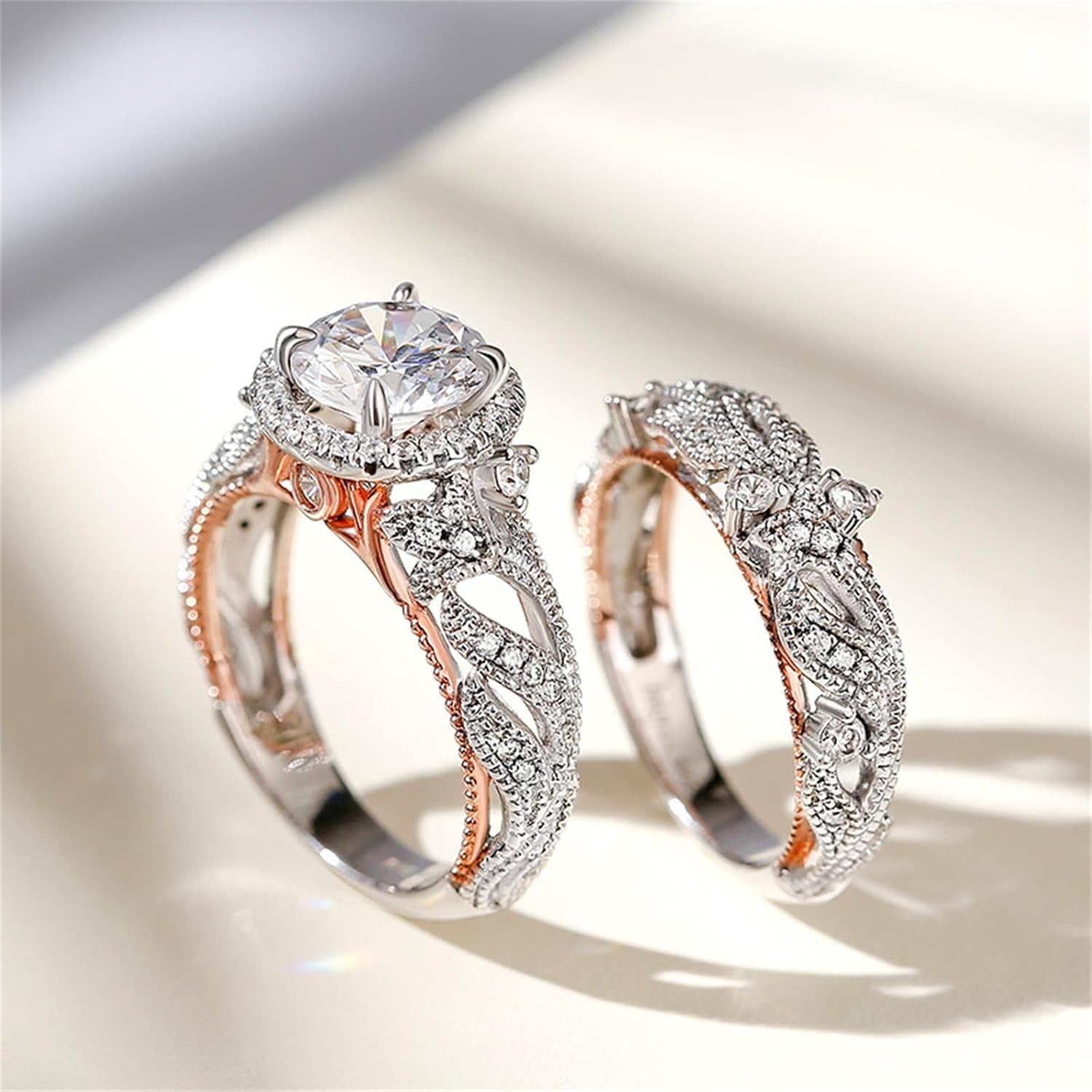 4 Carat Openwork Ring Sets for Women 925 Sterling Silver Wedding Sets Rose Gold round Cut Halo Engagement Ring White Diamond Band CZ Solitaire Anniversary Promise Rings