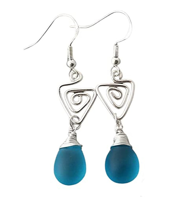 Handmade Sea Glass Earrings, Hawaiian Jewelry, Wire Turquoise Earrings Blue Earrings Teardrop Earrings, Sea Glass Jewelry For Women Birthday Gift For Her (December Birthstone Jewerly)