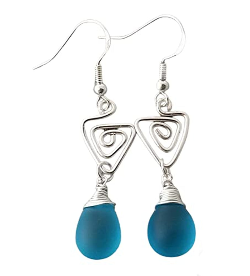 Handmade Sea Glass Earrings, Hawaiian Jewelry, Wire Turquoise Earrings Blue Earrings Teardrop Earrings, Sea Glass Jewelry for Women Birthday Gift for Her (December Birthstone Jewerly)