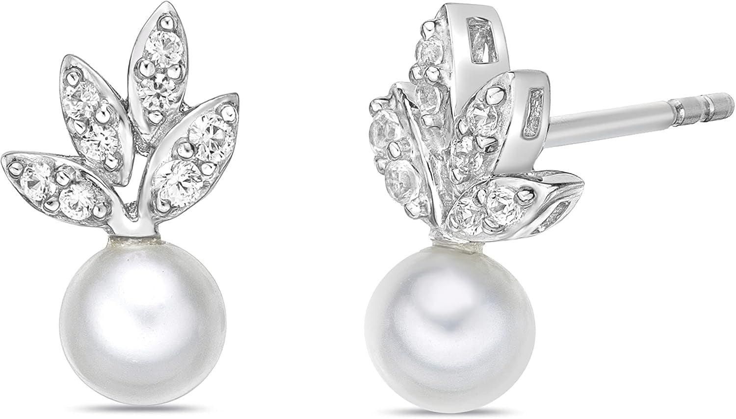 .925 Sterling Silver, 5.5Mm White Freshwater Cultured Button Pearl & Lab Grown White Sapphire Fruit Drop Studs Leafy Pushback Stud Earrings