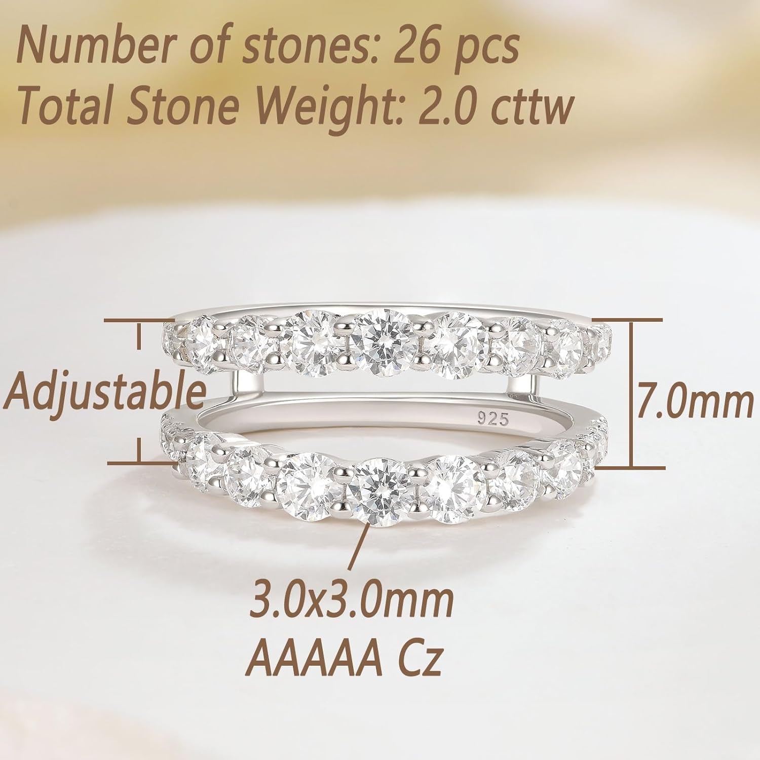 Ring Enhancer for Engagement Rings Two Row Sterling Silver Wedding Bands for Women Stackable Cubic Zirconia