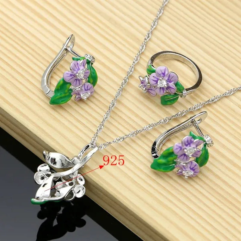 Purple Enamel Jewelry Sets Flower Green Leaves 925 Silver Jewelry Earrings Ppendant Ring for Women