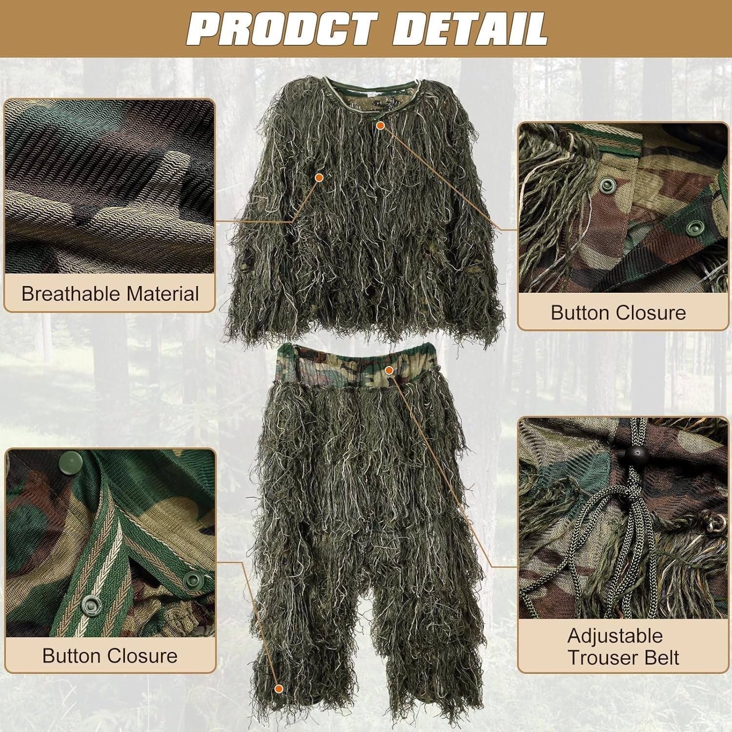 5 in 1 Ghillie Suit, 3D Camouflage Hunting Apparel W/Jacket, Pants, Hood, Carry Bag for Adults/Youth, S/M/L/XL/XXL